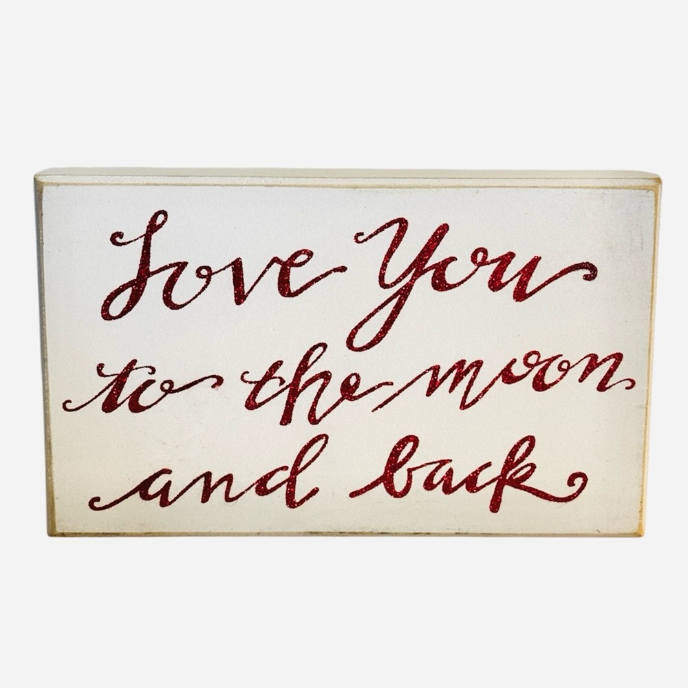 Farmhouse Distressed Wood Box Sign in White with Red Sparkle